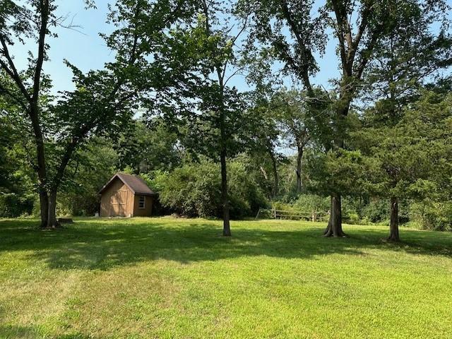 view of yard featuring a storage shed