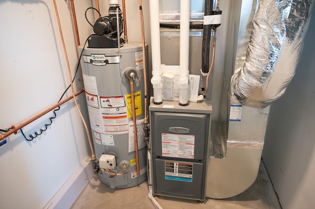 utility room with heating unit and water heater