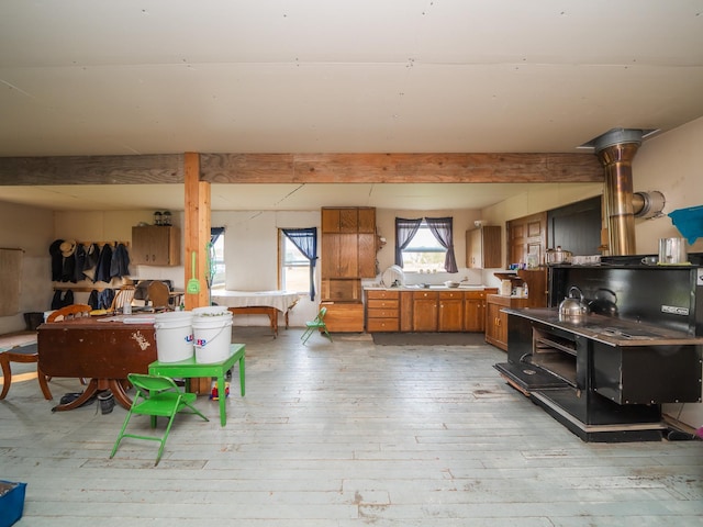 interior space featuring light wood-type flooring and a wood stove