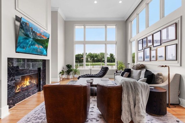 17680 Bearpath Trl, Eden Prairie, MN 55347 - living area featuring crown molding, a fireplace, wood finished floors, recessed lighting, and a towering ceiling