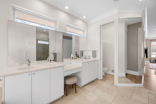 17680 Bearpath Trl, Eden Prairie, MN 55347 - bathroom with vanity, a stall shower, and recessed lighting