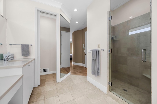 17680 Bearpath Trl, Eden Prairie, MN 55347 - bathroom with vanity, a shower stall, recessed lighting, and tile patterned flooring