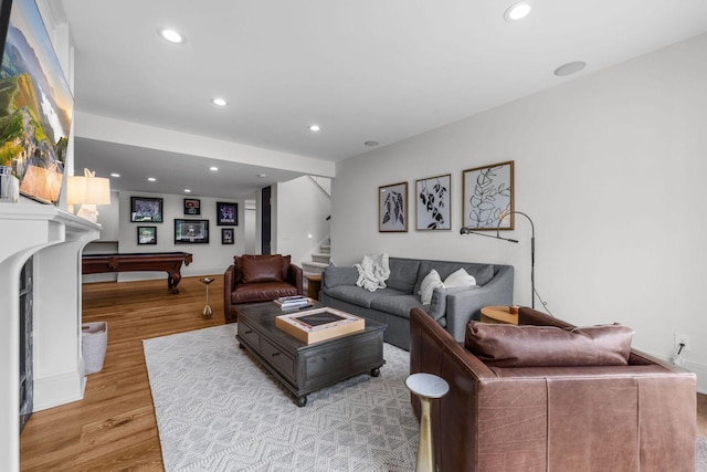 17680 Bearpath Trl, Eden Prairie, MN 55347 - living room with stairway, light wood-style flooring, recessed lighting, and billiards table