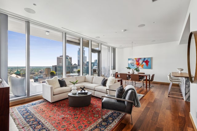 living room featuring expansive windows and dark hardwood / wood-style flooring