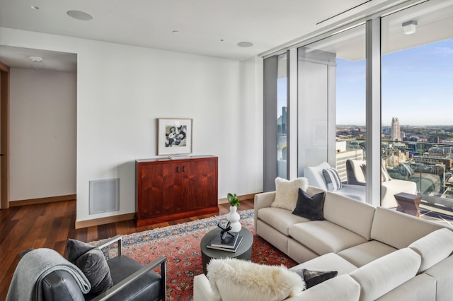 living room with dark wood-type flooring and expansive windows