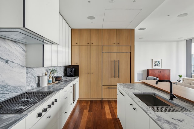 kitchen featuring white cabinetry, dark hardwood / wood-style floors, sink, and tasteful backsplash