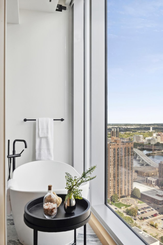 bathroom with wood-type flooring and a water view