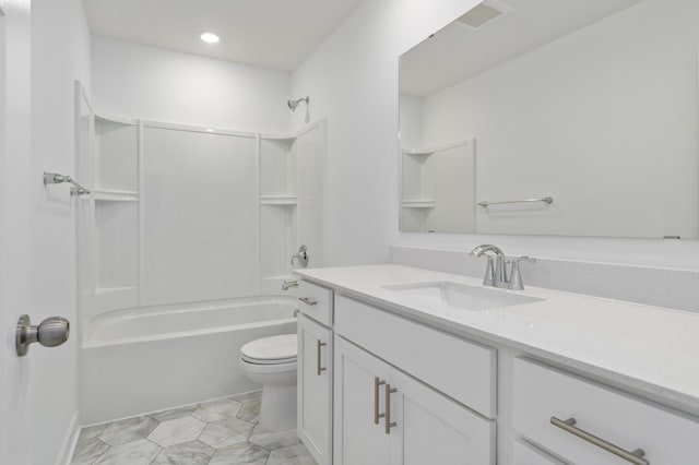 full bathroom featuring toilet, shower / tub combination, and vanity