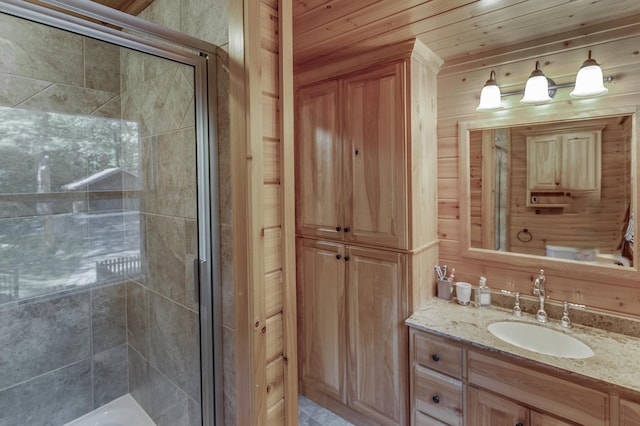 bathroom featuring wood ceiling, wooden walls, walk in shower, and vanity