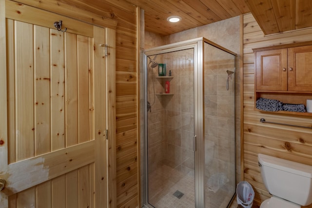 bathroom featuring wood ceiling, wooden walls, walk in shower, and toilet