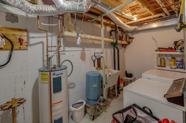 utility room with water heater and washing machine and clothes dryer