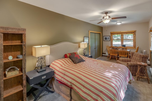 carpeted bedroom with ceiling fan and a closet