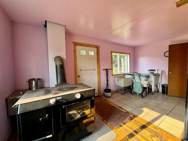 kitchen with a wood stove