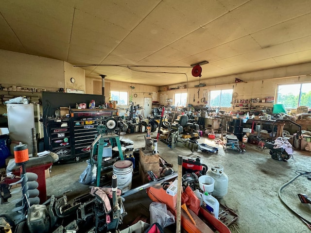 garage with a workshop area