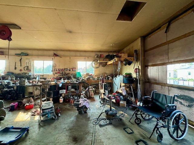 garage with a workshop area