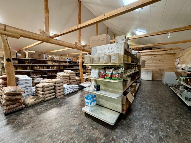 interior space featuring lofted ceiling and wood walls