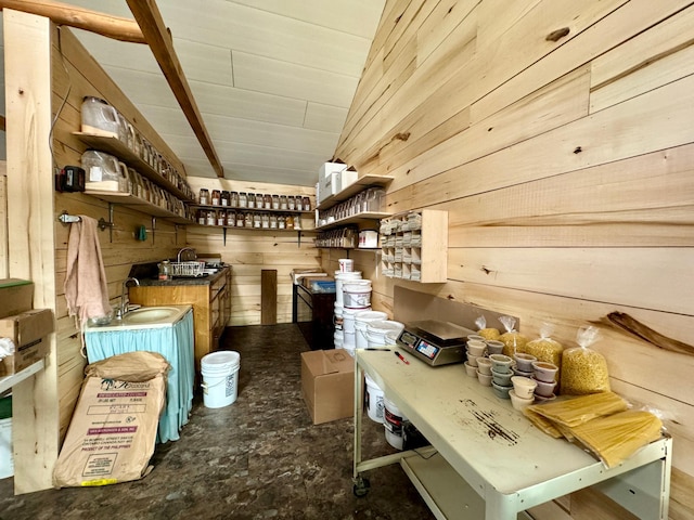 kitchen featuring wooden walls and vaulted ceiling