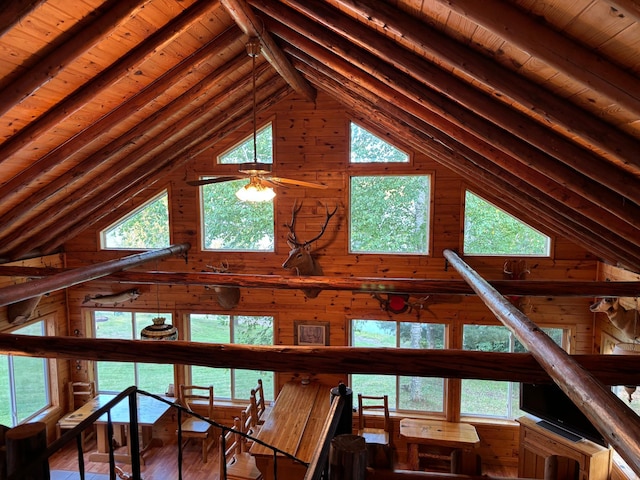 interior details featuring ceiling fan, wood walls, beamed ceiling, and wooden ceiling