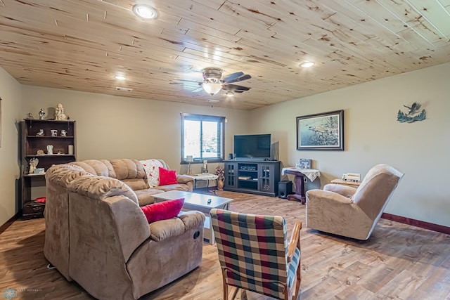 living room with light hardwood / wood-style flooring, ceiling fan, and wood ceiling