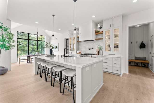 21236 Crescent Curv, Credit River Twp, MN 55044 - kitchen with light wood-style flooring, a sink, backsplash, and custom range hood