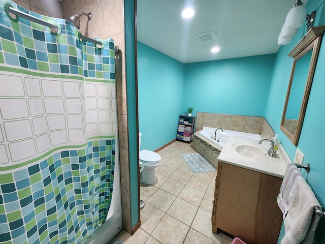 full bathroom with independent shower and bath, vanity, tile patterned flooring, and toilet