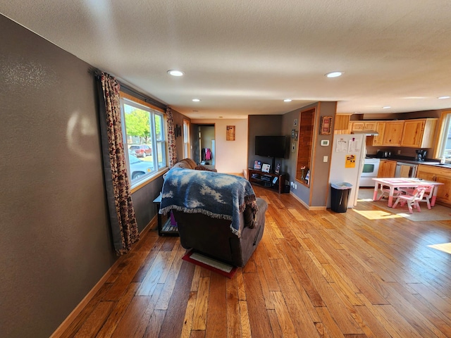 living room featuring light hardwood / wood-style flooring and a textured ceiling