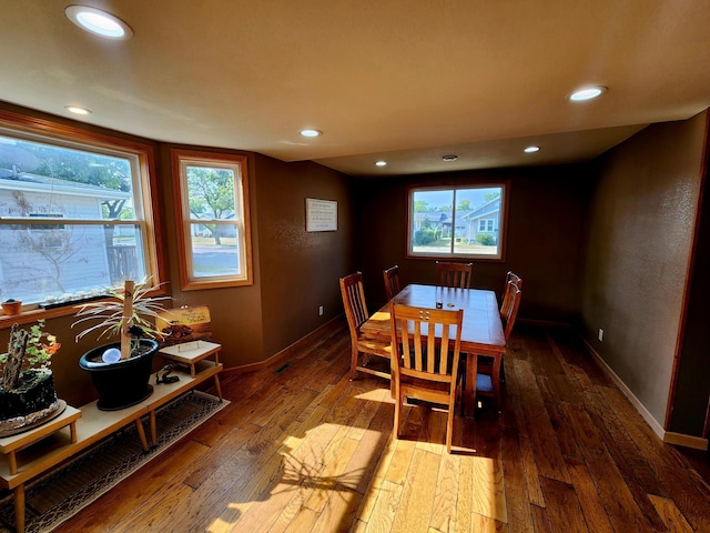 dining space featuring wood-type flooring and a healthy amount of sunlight