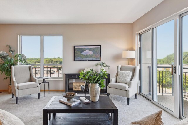 living room featuring light colored carpet and baseboards