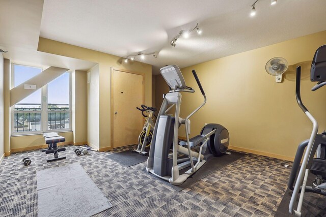 workout area featuring baseboards and carpet floors