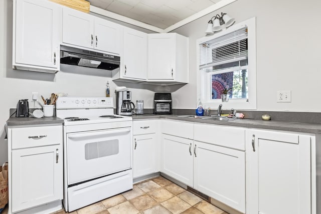 kitchen featuring sink, ornamental molding, electric range, and white cabinetry