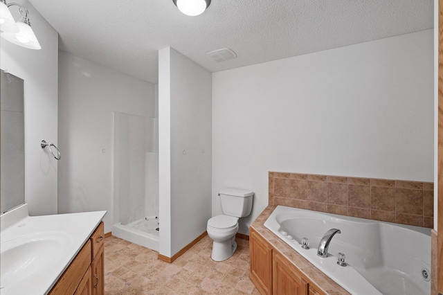 full bathroom with toilet, a textured ceiling, plus walk in shower, and vanity