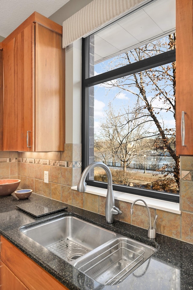 interior details featuring tasteful backsplash, dark stone countertops, and sink