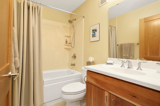 full bathroom featuring shower / bath combination with curtain, vanity, and toilet