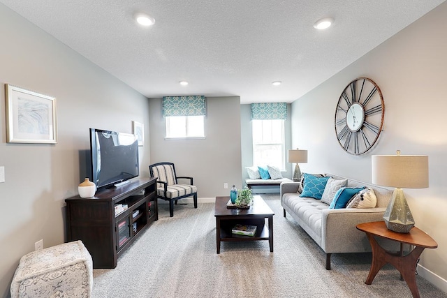 living room with carpet flooring and a textured ceiling