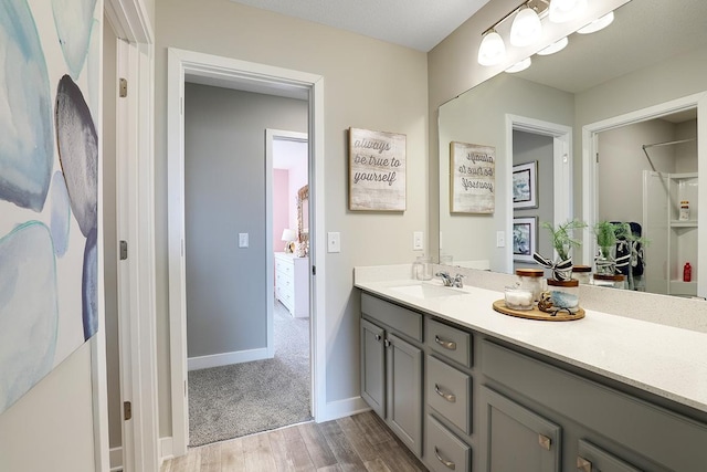 bathroom with hardwood / wood-style flooring and vanity