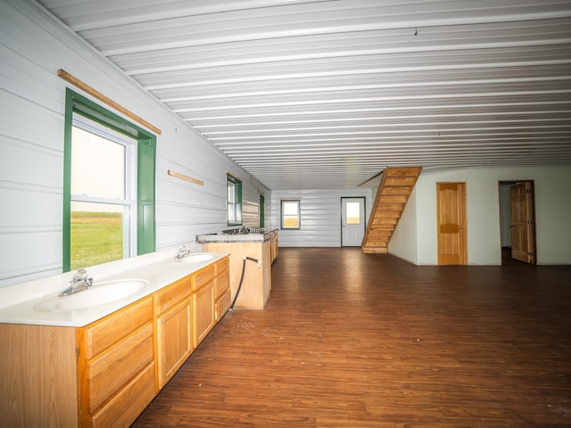 kitchen featuring wood walls, light brown cabinets, dark hardwood / wood-style floors, and sink