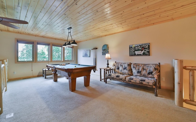 recreation room with pool table, wood ceiling, and light carpet