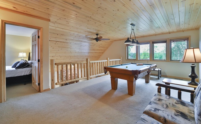 recreation room with ceiling fan, wood ceiling, light carpet, and vaulted ceiling