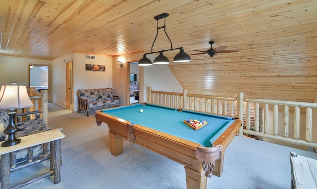 playroom with wooden walls, pool table, ceiling fan, and wooden ceiling