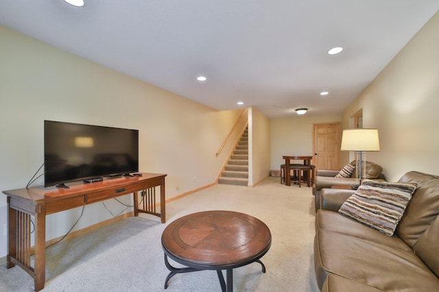 6334 Wilderness Rd Unit 31, Pequot Lakes, MN 56472 - carpeted living room with recessed lighting, baseboards, and stairs