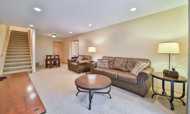 6334 Wilderness Rd Unit 31, Pequot Lakes, MN 56472 - carpeted living room featuring stairs, baseboards, and recessed lighting