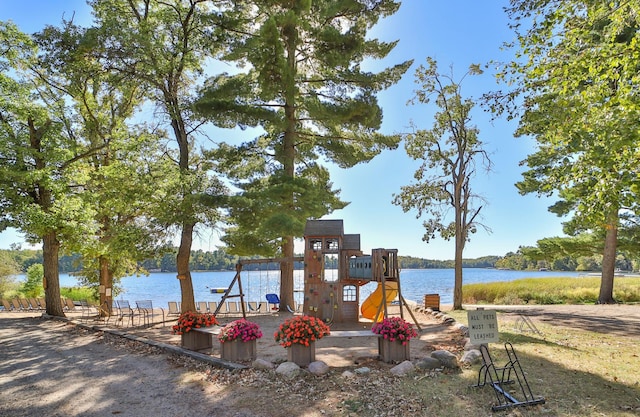 view of playground featuring a water view