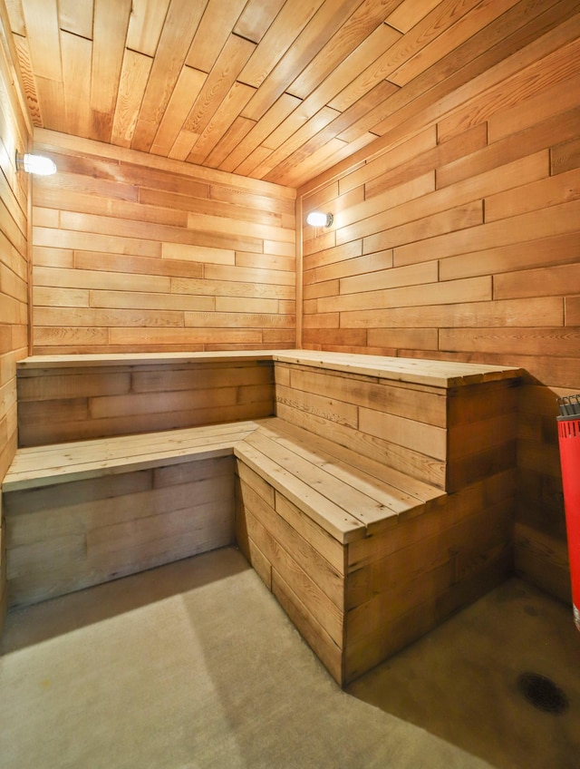 view of sauna / steam room featuring wood walls, carpet, and wooden ceiling