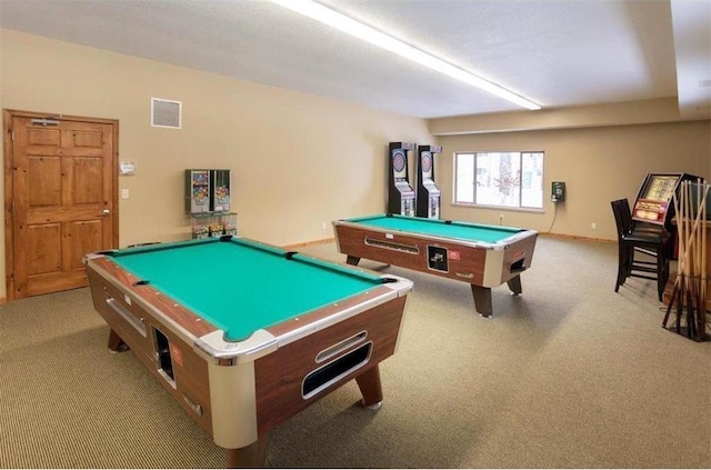 game room featuring pool table and light carpet