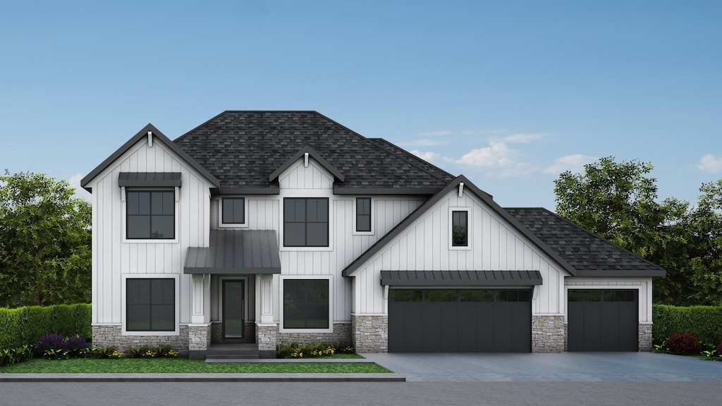 modern farmhouse style home with a shingled roof, board and batten siding, driveway, and stone siding