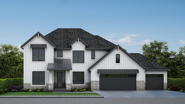 modern farmhouse style home with a shingled roof, board and batten siding, driveway, and stone siding