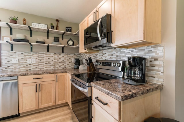 kitchen featuring open shelves, light wood-type flooring, light brown cabinetry, and stainless steel appliances