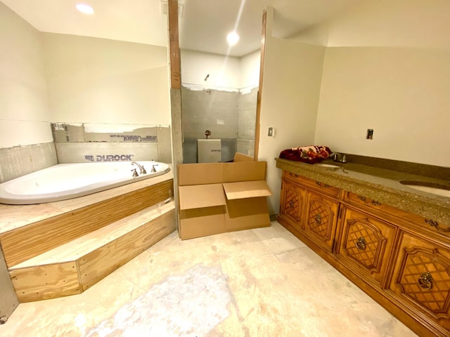 bathroom with vanity and plus walk in shower