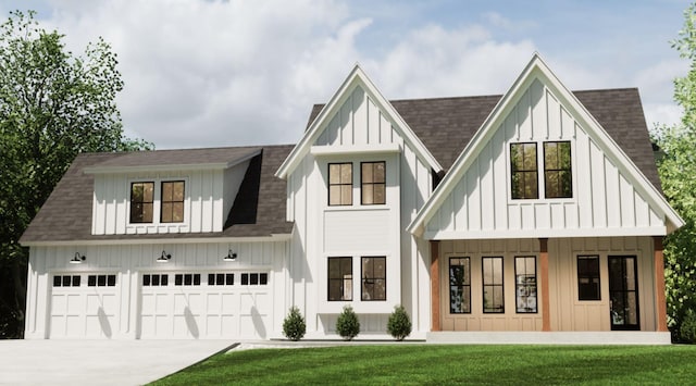 modern inspired farmhouse with a front yard, a porch, and a garage