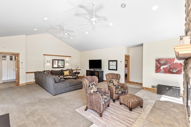 8800 Sunset Trl, Chanhassen, MN 55317 - living area featuring recessed lighting, high vaulted ceiling, a ceiling fan, baseboards, and light carpet